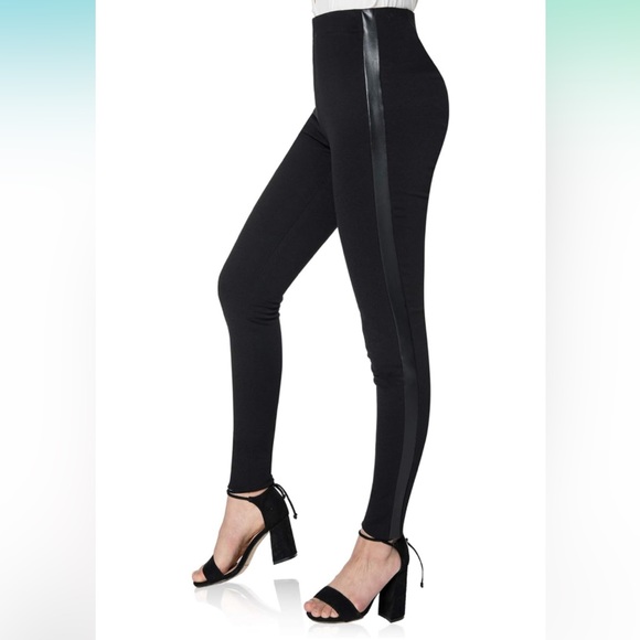 Asoran Women's Dress Pants Black Stretch Skinny Slacks with Leather Stripe - Picture 5 of 6